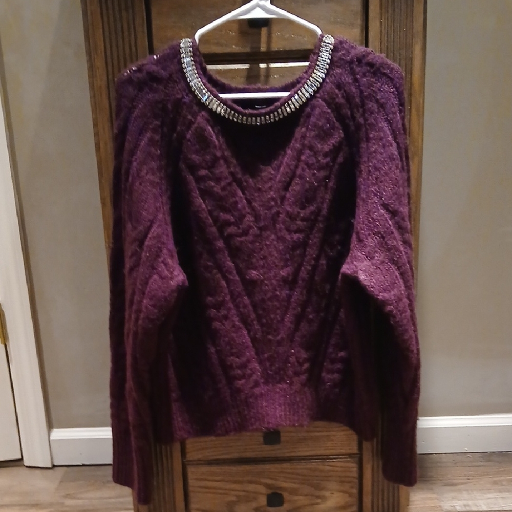 Express Plum Cable Knit Sweater with Embellished Neckline